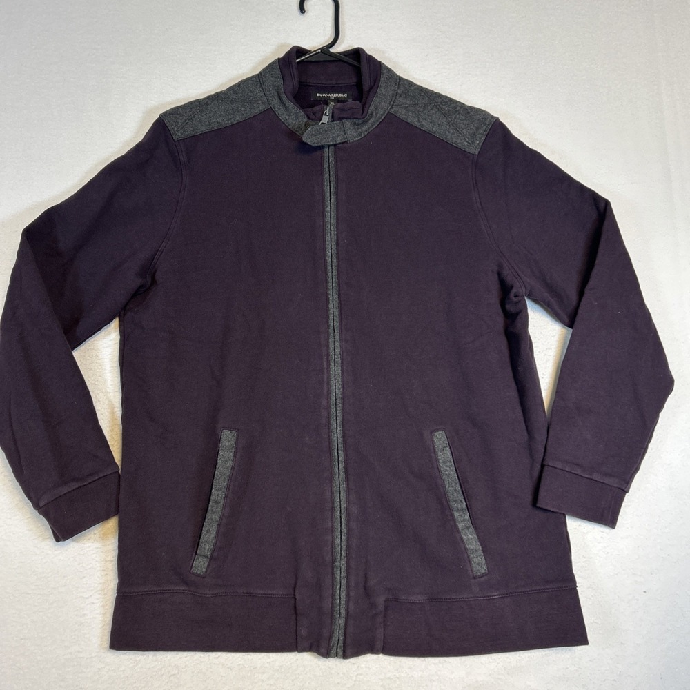 Banana Republic Mens XL Full Zip Sweater Purple Grey Trim Cotton Knit Pockets